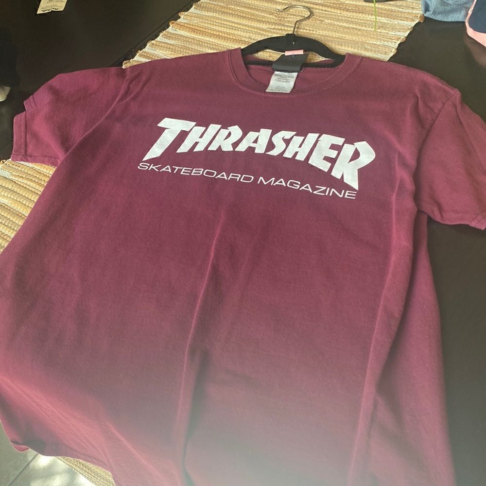 EUC  deep burgundy with white lettering Thrasher tee size M